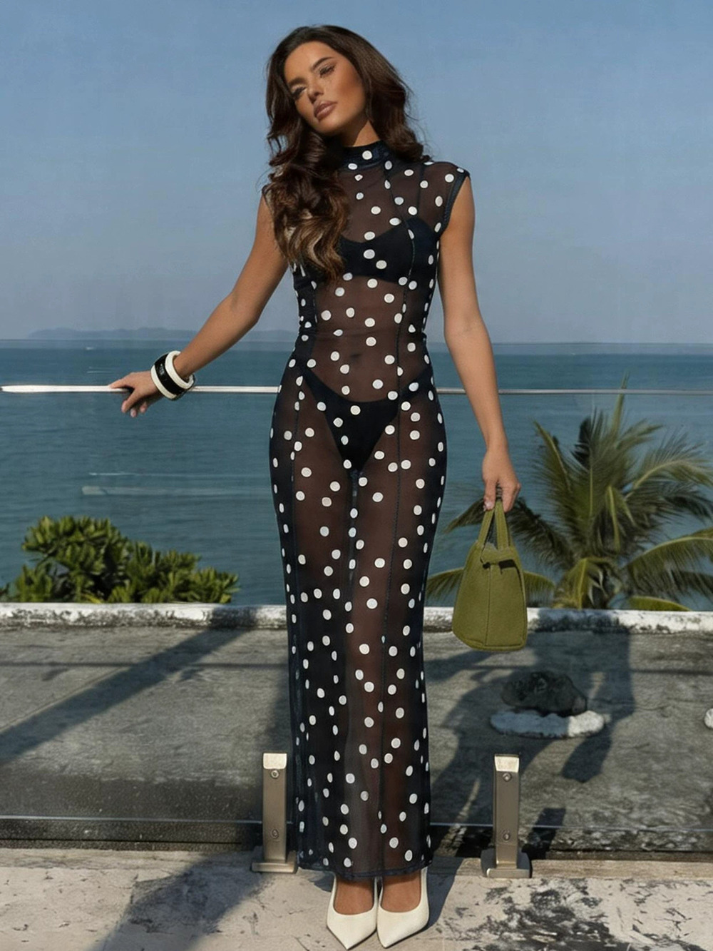 Zara Summer Vintage Polka Dot Print Draped Silk Twill Tie Waist Sleeveless Dress